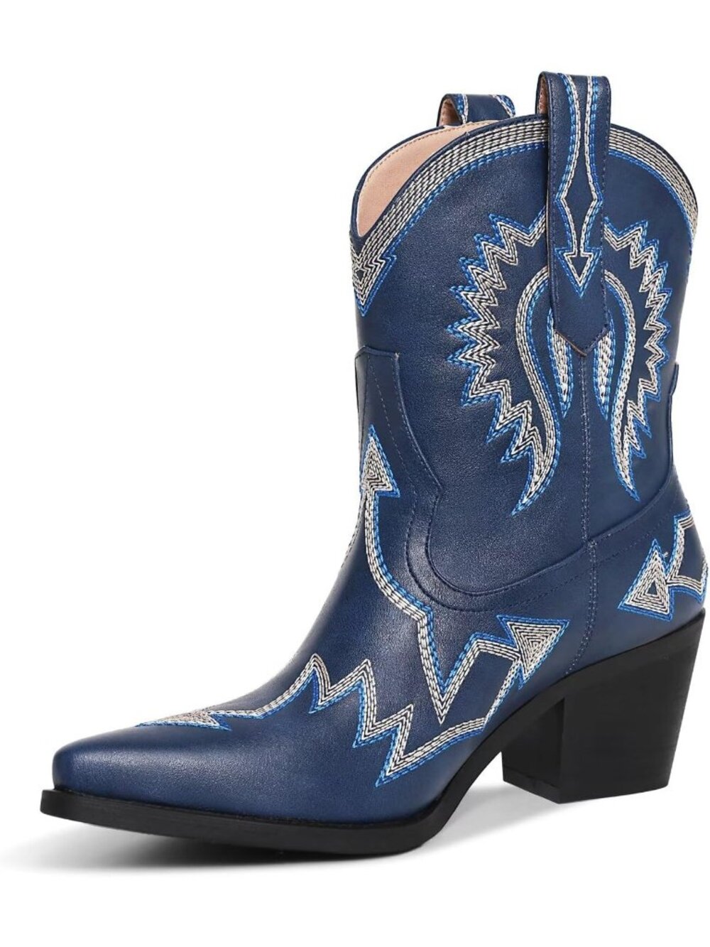 Women's Navy Western Ankle Cowgirl Boots Chunky Pointed Toe Wide Calf Boots